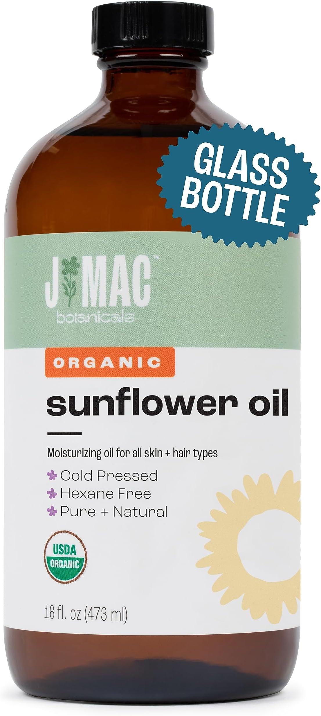J MAC BOTANICALS Organic Sunflower Oil (16 oz GLASS bottle) USDA Organic Certified 100% Pure Carrier Oil, Moisturizing & Nourishing For Skin, Face, Hair, sunflower oil for skin, sunflower seed oil