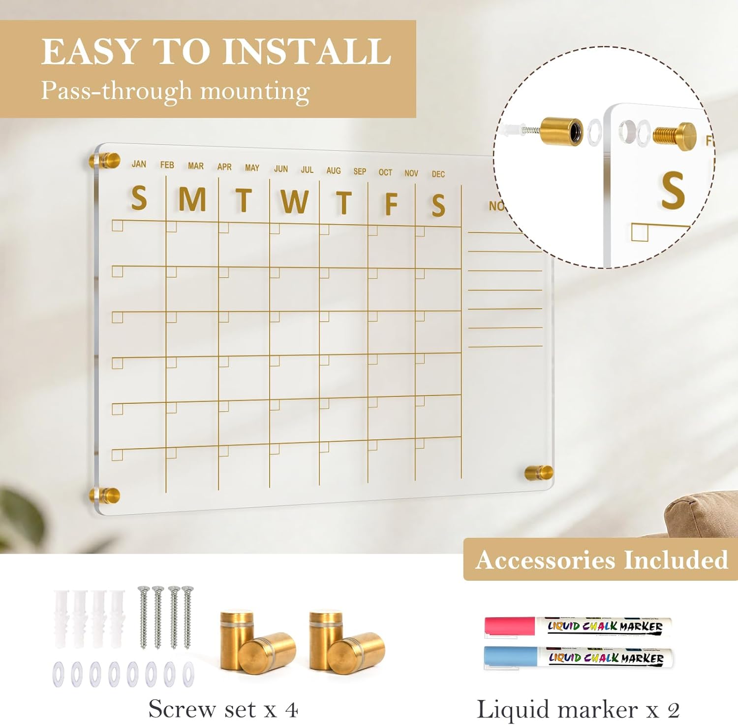 Acrylic Calendar for Wall, 24"x16" Gold Dry Erase Board Weekly Planner Wall Mounted Board, Frameless White Board for Home, Office, School
