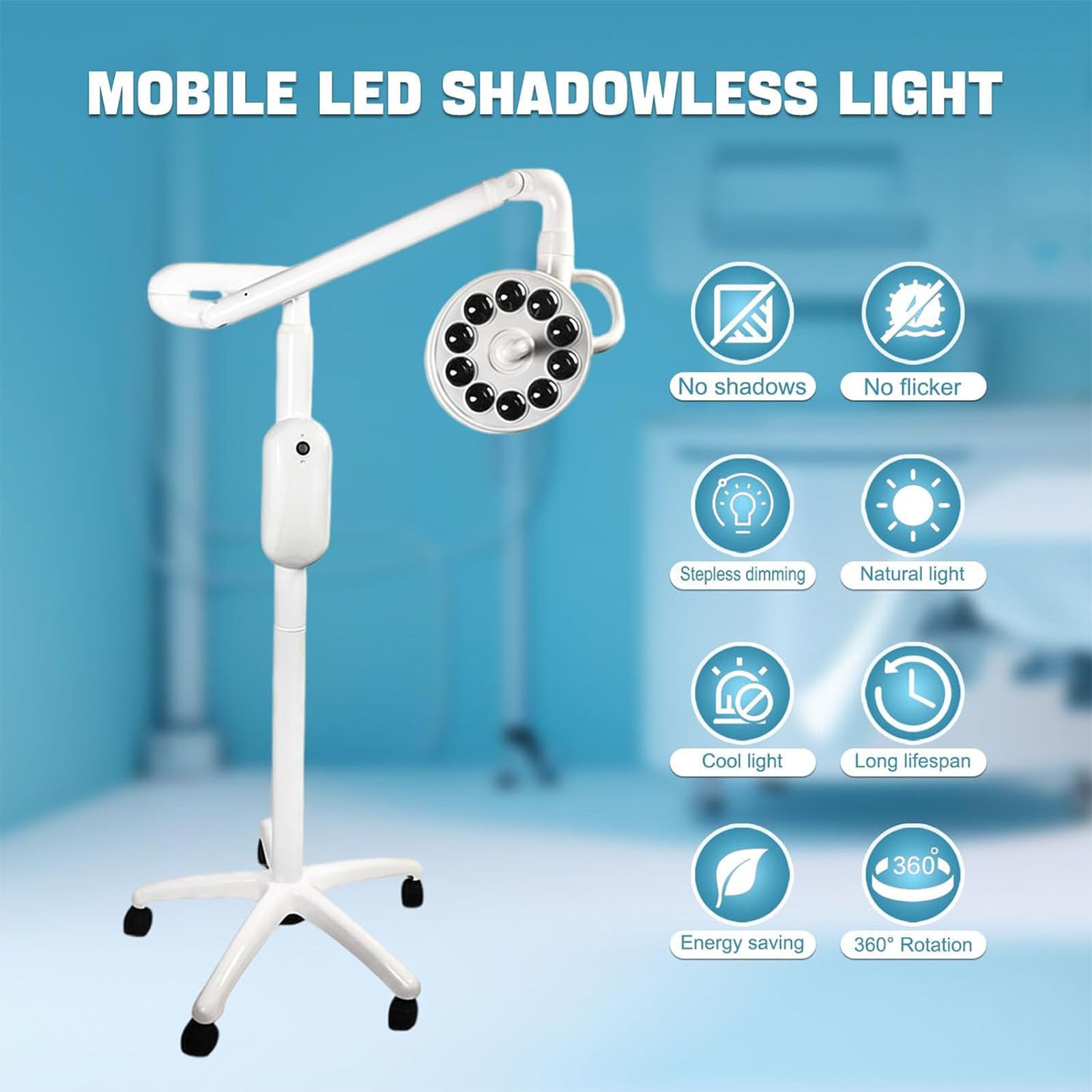 Lampa stomatologiczna do jamy ustnej, lampa bezcieniowa z 10 żarówkami LED, regulowana jasność, uniwersalne kółka, obrót o 360°, do oświetlenia pomocniczego w stomatologii