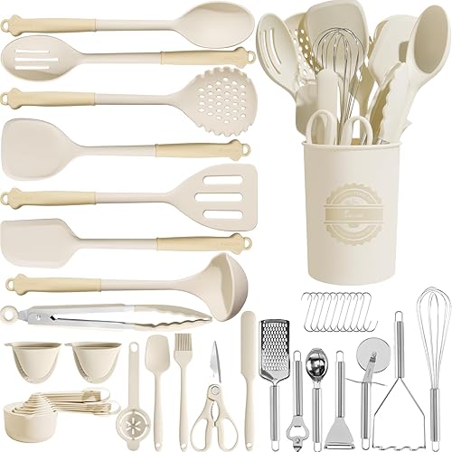 Kikcoin Juego de 43 utensilios de cocina grandes, juego de utensilios de cocina de silicona, apto para lavavajillas, juego de utensilios de cocina