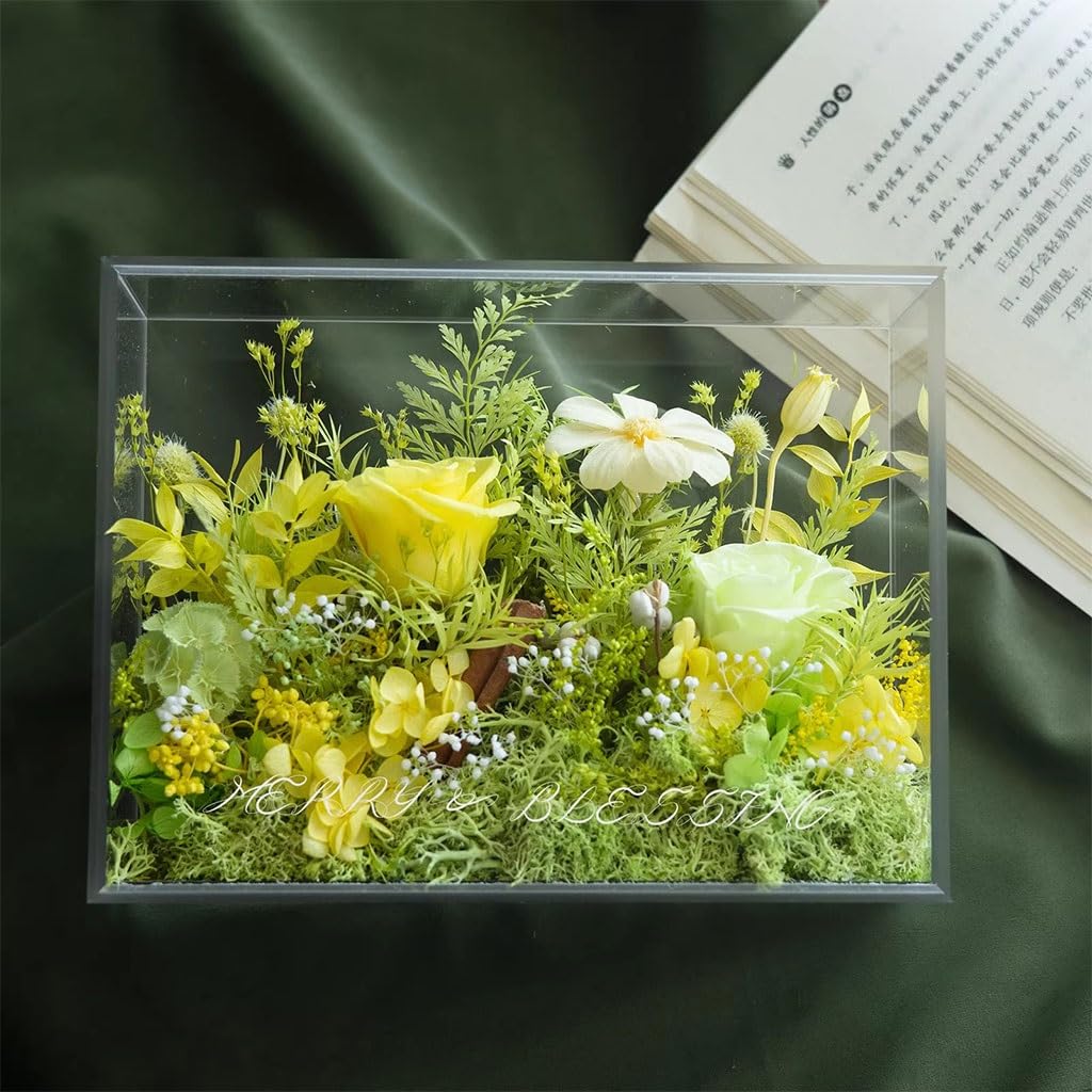 LEIYTFE Flores eternas de Larga duración Regalos para el cumpleaños de mamá, Adornos de Flores Naturales, Funda Protectora de acrílico, Flores Frescas con envío Prime(Yellow+Green)