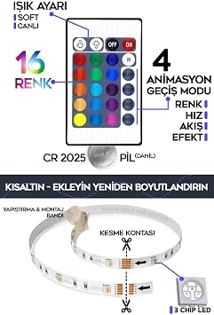 luciole Tv Arkası Yatak Çocuk Odası Mutfak Salon Rgb Şerit Led Tak Çalıştır Uzaktan Kumandalı 5 Metre