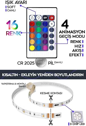 luciole 2 Metre Tv Arkası 16 Renkli Tak Çalıştır Yatak Odası Mutfak Bilgisayar Rgb Led Lambader