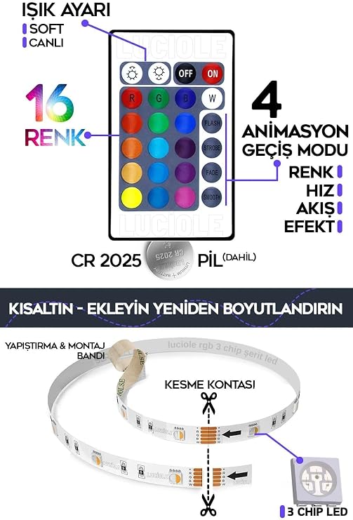 luciole Tv Arkası Yatak Çocuk Odası Mutfak Salon Rgb Şerit Led Tak Çalıştır Uzaktan Kumandalı 5 Metre