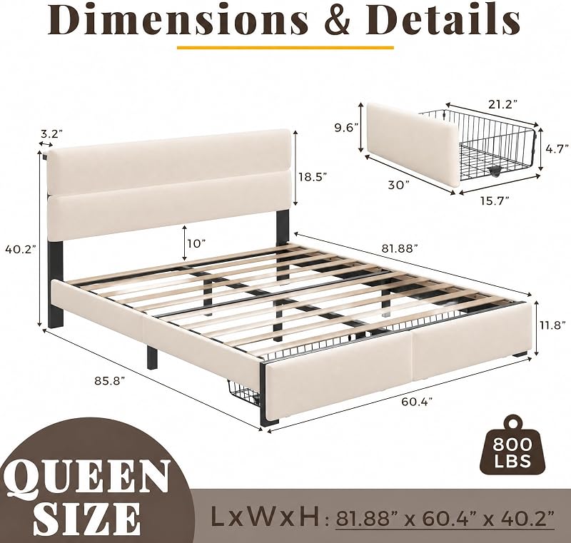 Queen Bed Frame with 2 Storage Drawers, Beige Velvet Upholstered image 2