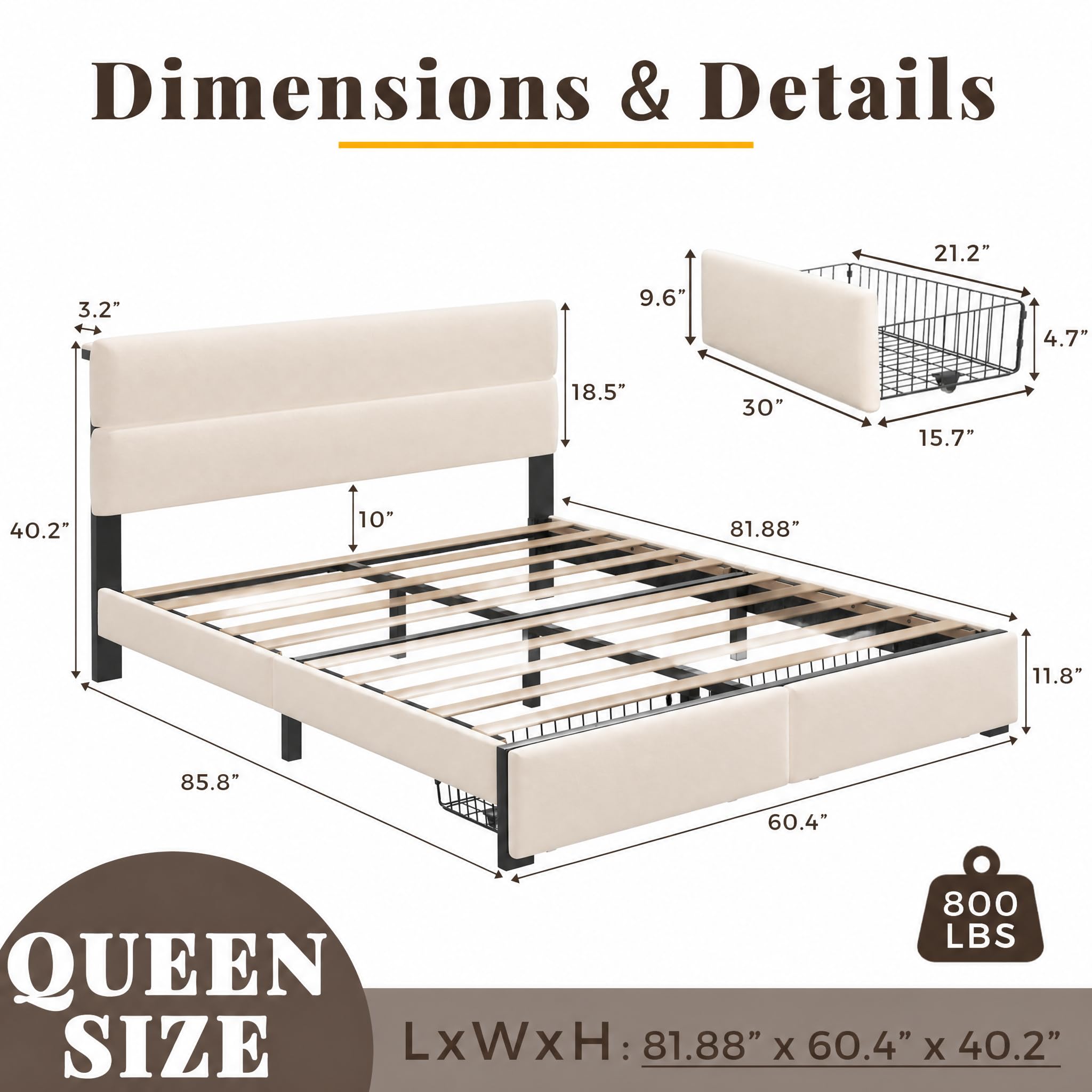 UHTN Queen Bed Frame with 2 Storage Drawers, Beige Velvet Upholstered — product photo