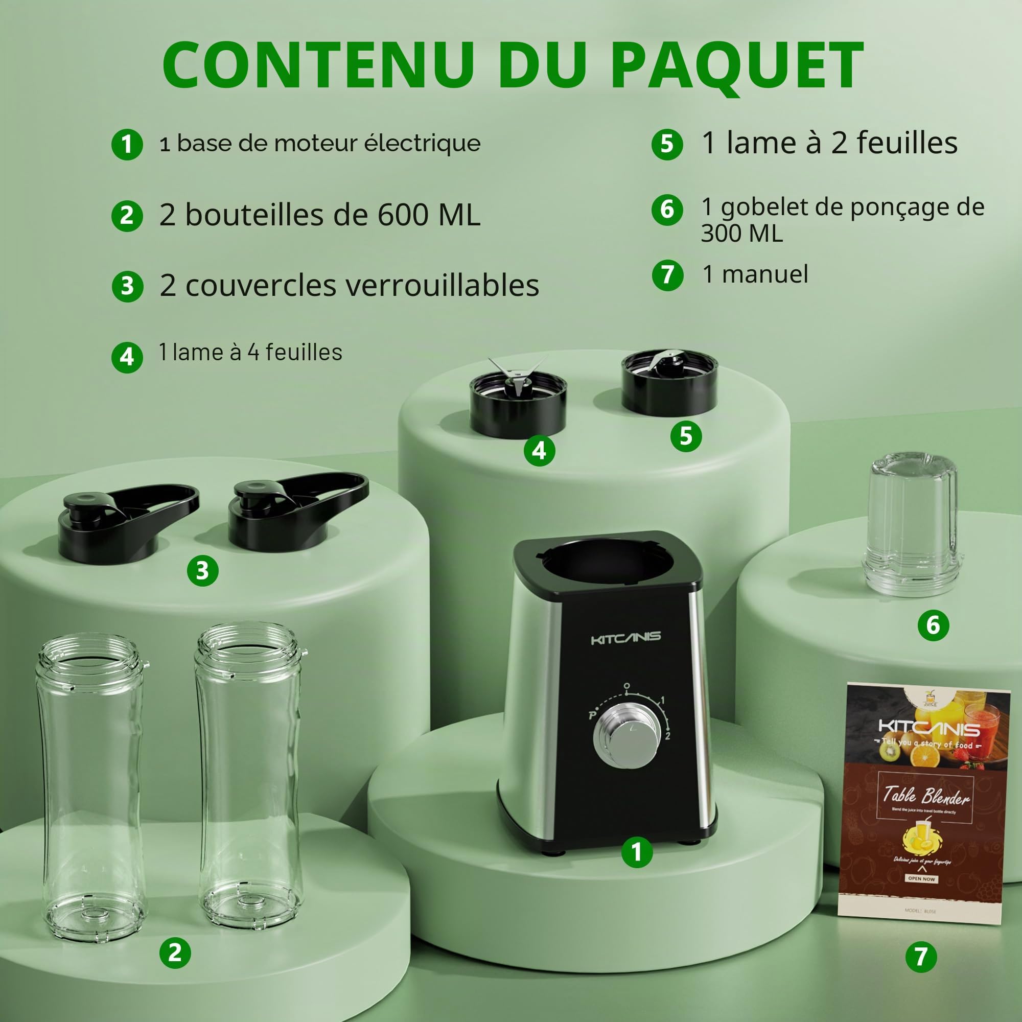 KITCANIS Mini Smoothie Maker 3 en 1, Mixeur électrique 800W, 3 vitesses réglables 2 bouteilles portables de 600 ml et 300 ml tasse de broyage pour glace, fruits, légumes, noix