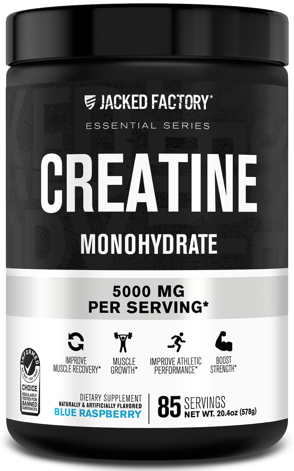 Jacked Factory Creatine Monohydrate Powder 425g - 5g Daily Creatine Supplement for Men and Women, Vegan-Friendly, Third-Party Tested - 85 Servings, Blue Raspberry