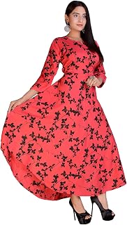 Women Ethnic Printed Gown Full Length Maxi Flared Dress with Tie-Up Belt