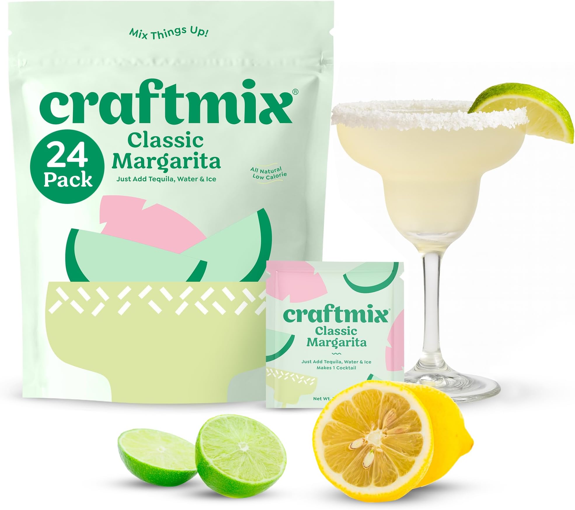 Classic Margarita Cocktail & Mocktail Drink Mixer, Skinny Mixes - Water Flavoring Packets - Made With Real Fruit - Vegan, Low-Carb, Low-Sugar, Non-GMO, Dairy Free, Gluten Free, 24 Pack