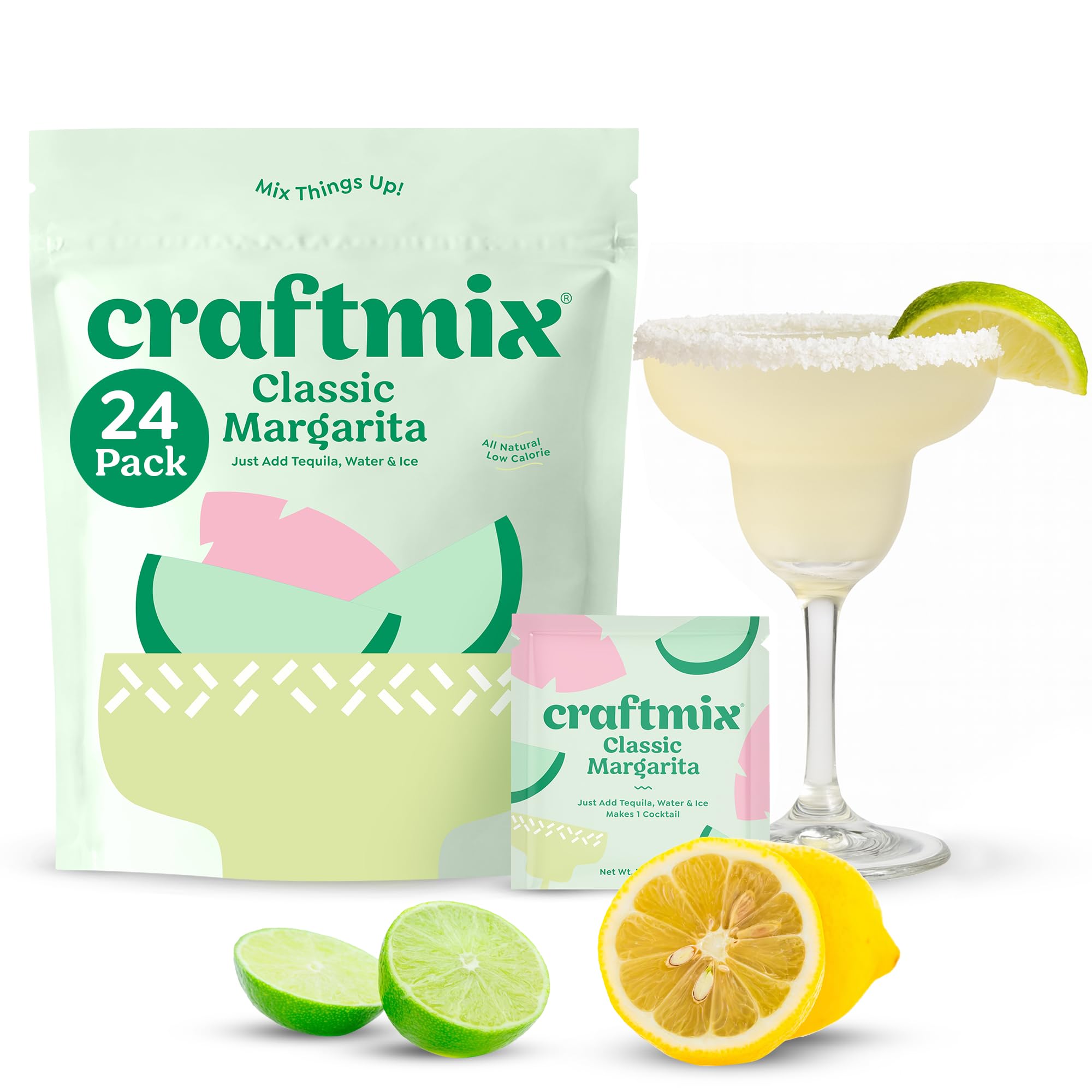 Craftmix Classic Margarita Cocktail & Mocktail Drink Mixer, Skinny Mixes - Water Flavoring Packets - Made With Real Fruit - Vegan, Low-Carb, Low-Sugar, Non-GMO, Dairy Free, Gluten Free, 24 Pack