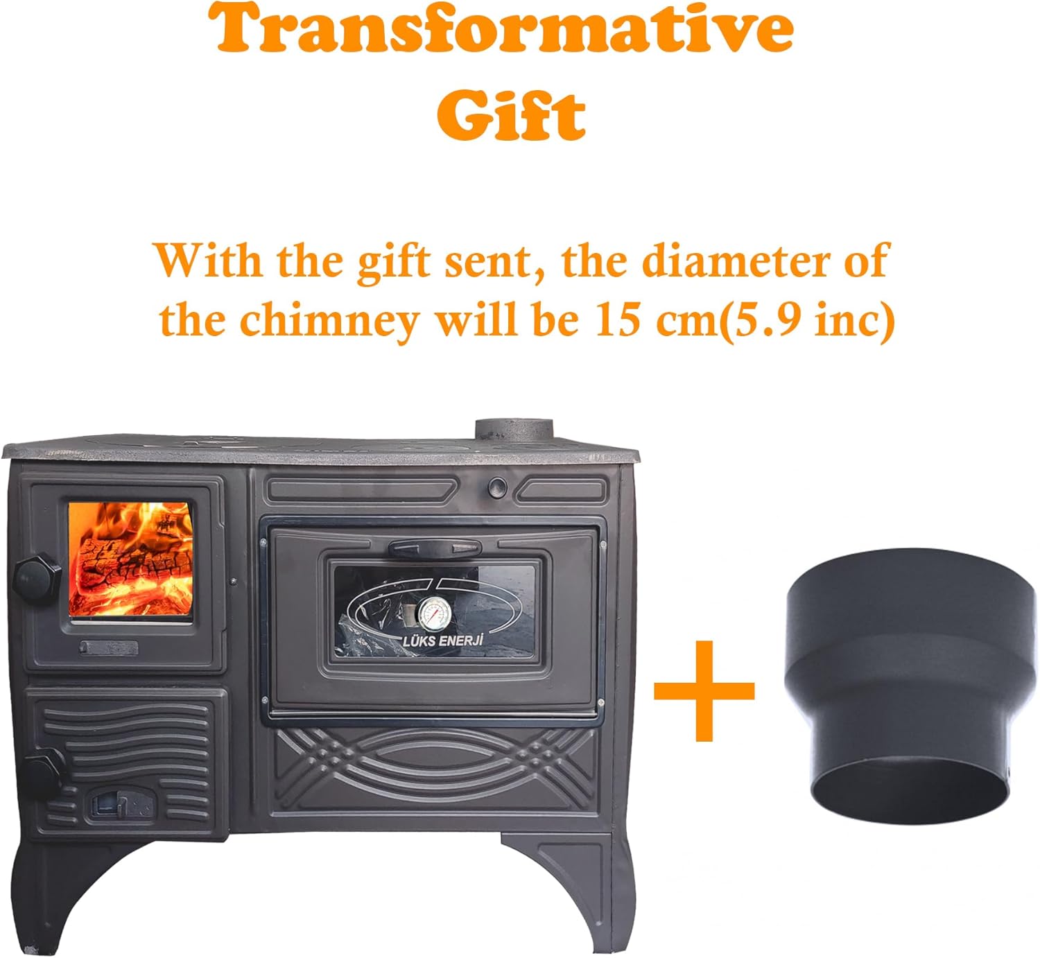 Black Cast Iron Oven, Durable Cast Iron Fireplace, Baking Cooker Oven for Warming, Made in Turkiye, Brick Lined Fireplace (Black with Glass)