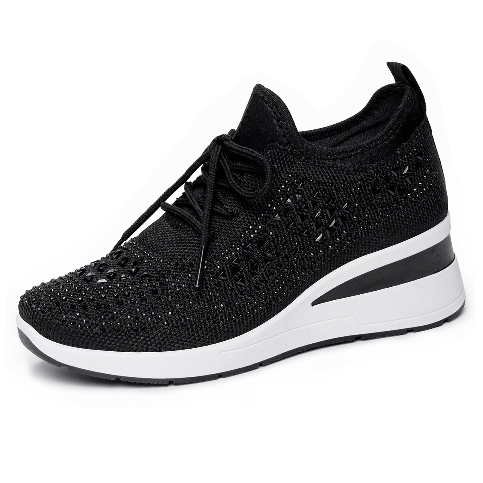 Women's Mesh Rhinestone Wedge Sneakers with Arch Support Comfortable Lightweight Breathable Round Toe Lace-Up Non-Slip Casual Walking Sport Shoes for Work Commuting Leisure Daily