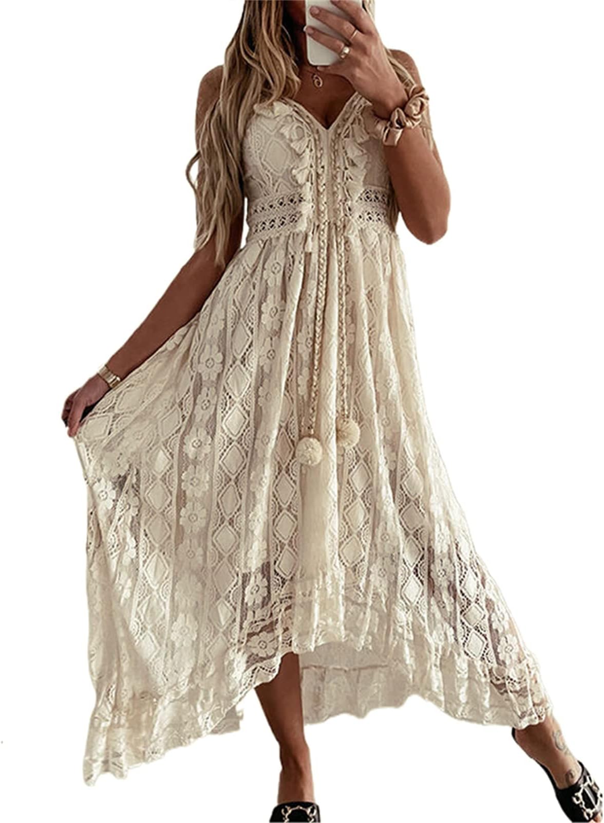 Womens Casual Floral Lace Beach Dress Bohemian Style V-Neck Spaghetti Strap Backless Long Sundress for Beach Vacation