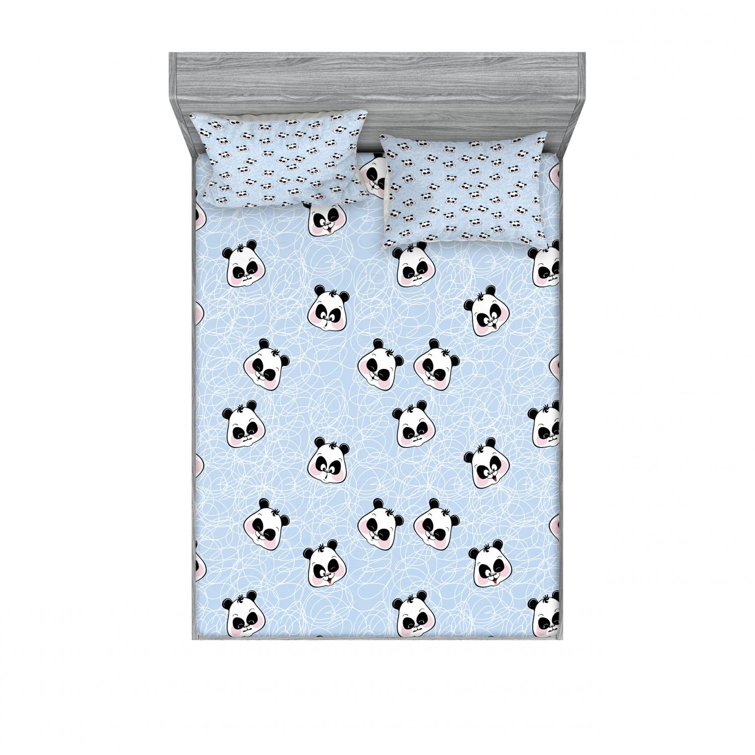 Ambesonne Cartoon 2 Pack Fitted Sheet & Pillow Sham Set, Funny Panda, 4 Pcs Bedding Decor, Package Contains 2 Full Size Fitted Sheets & 4 Pillow Covers, Black Blue