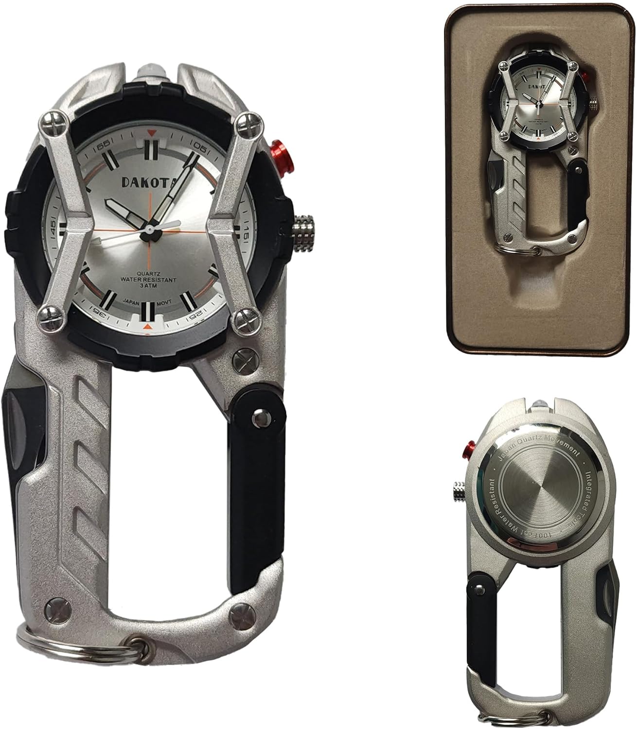 Multitool Clip Watch for Men – Silver | 100ft Water Resistant Clip-On Watch with LED Light, Bottle Opener, Screwdriver & Carabiner – Stainless Steel Outdoor Work & Camping Tool