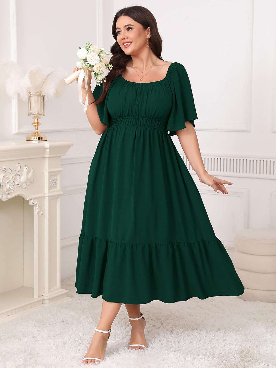 Plus Size Smocked Maxi Dresses for Curvy Women Square Neck Flowy Casual Summer Wedding Guest Dress - Image 3
