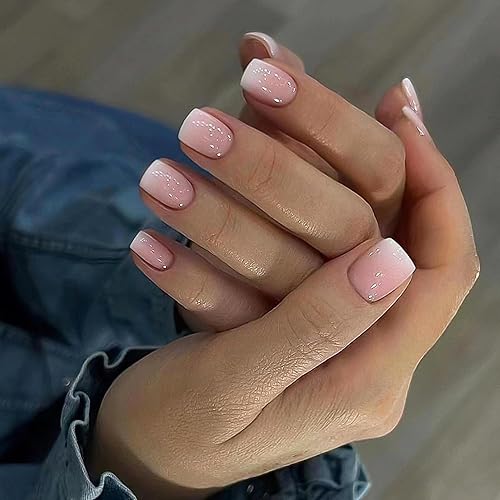 Miniatura 1 de Uñas postizas francesas a presión, cuadradas, cortas, color rosa nude, con diseños brillantes, uñas acrílicas con pegamento en uñas de cobertura