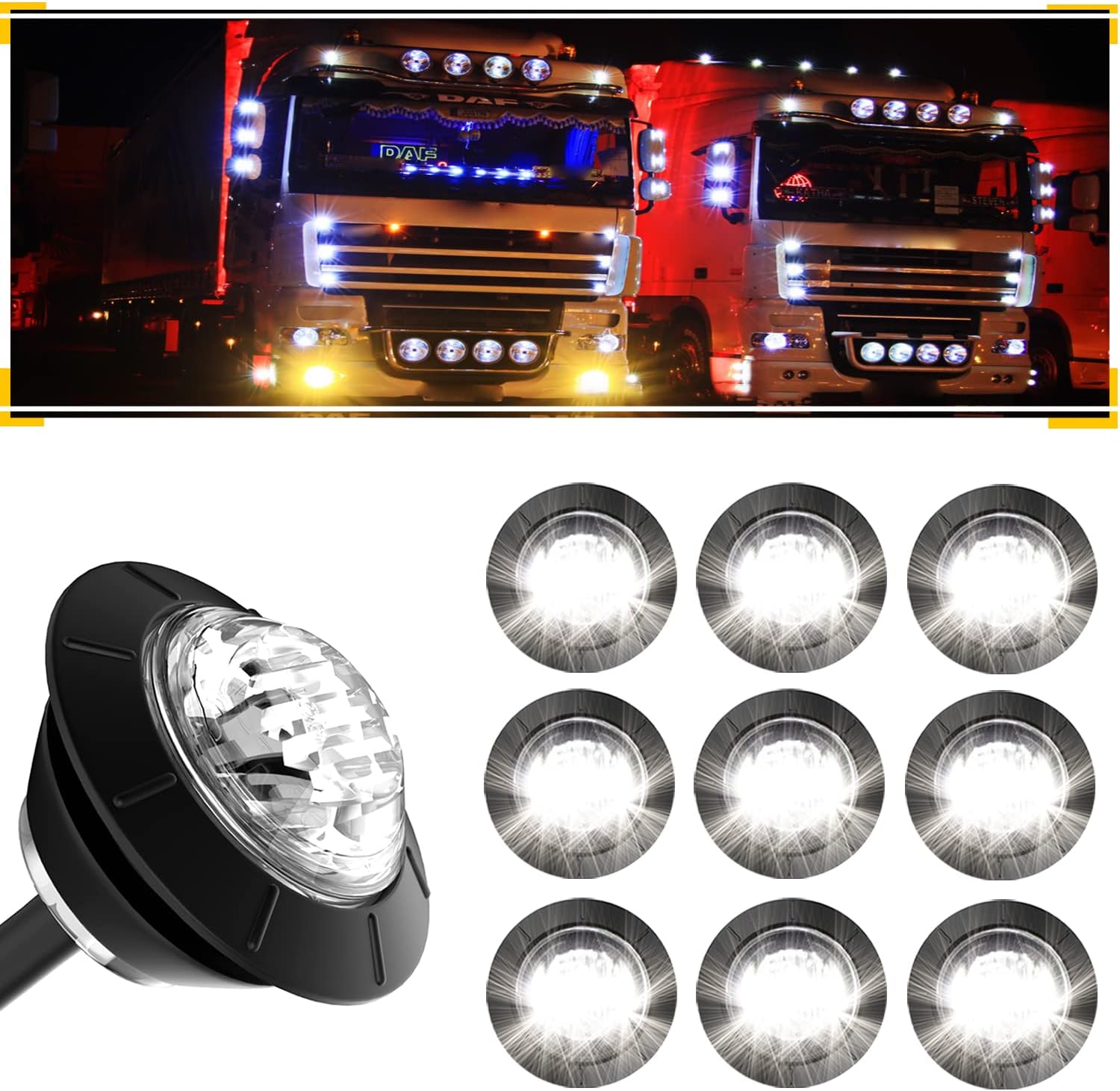 BJZ 3/4'' LED Trailer Marker Clearance Lights White Round 12V LED Side Marker Front Rear Running Turn Signal Tail Indicator Light Waterproof for Trailer Truck ATV UTV RV Pickup, 10Pcs w/Clear Lens