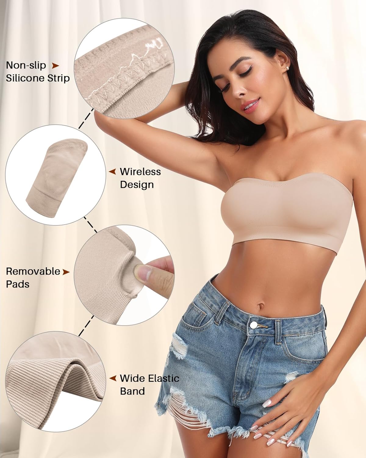 Strapless Bra for Women Bandeau Bras Seamless Wireless Padded Bandeau Top Non-Slip Tube Top - Image 5