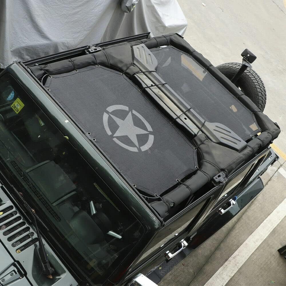 Mesh-Dach-Sonnenschutzabdeckung Kompatibel mit Jeep Wrangler JK JKU 2007-2018 4-Türer, UV-Schutz und Wärmereduzierung,Five Pointed Star