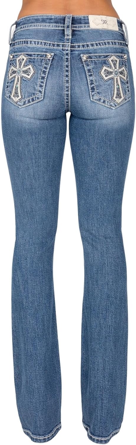 Miss Me Women's Mid-Rise Bootcut Jeans, Silver and Turquoise Cross, Stretch Denim - Image 3