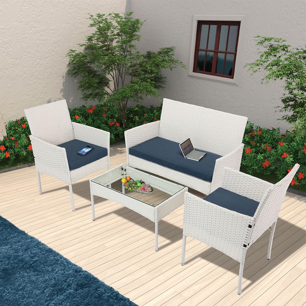 BAKAJI Juego Completo de salón de jardín con sofá, 2 sillones y Mesa con Estante de Cristal, salón de Exterior con Estructura de ratán sintético Blanco, Cojines desenfundables, terraza, balcón y Bar