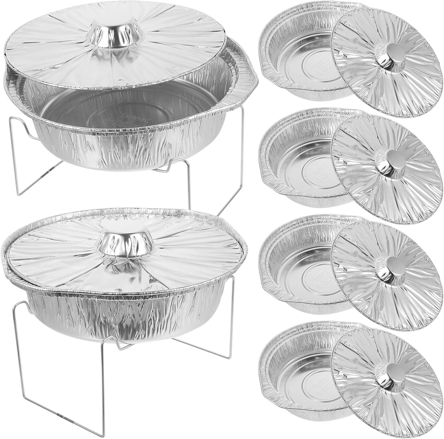 SEWACC Disposable Tinfoil Pot with Lid and Medium Iron Rack, Thick Food Foil Cooking and Storage Containers, Heat-resistant Baking Pans Set for Camping and Food Heating, 10 Pieces
