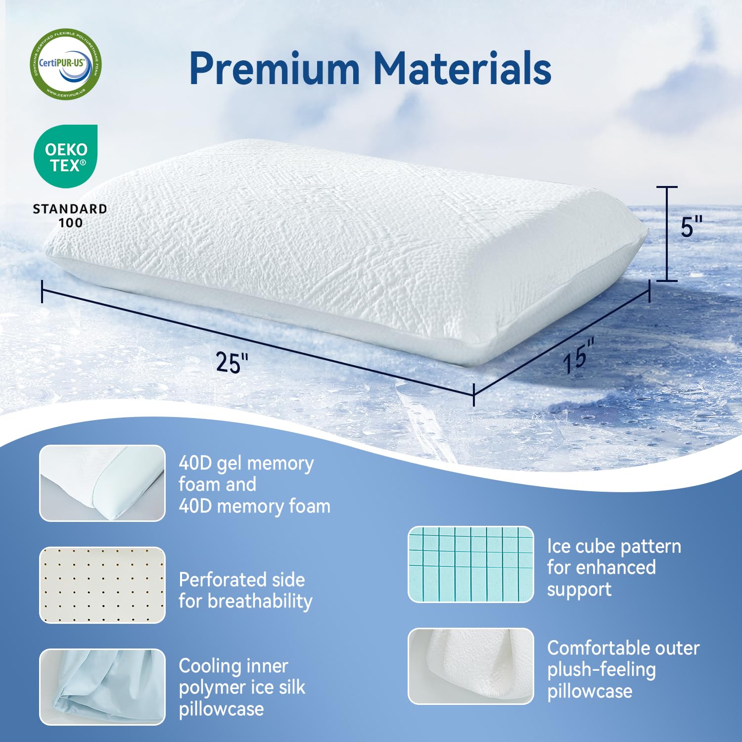 Cooling Pillow with Gel Memory Foam and Cooling Case for Cooling Sleep (1 Pack), Bed Pillow for Side Sleepers, Neck and Shoulder Pain Relief, Washable Cover, 25