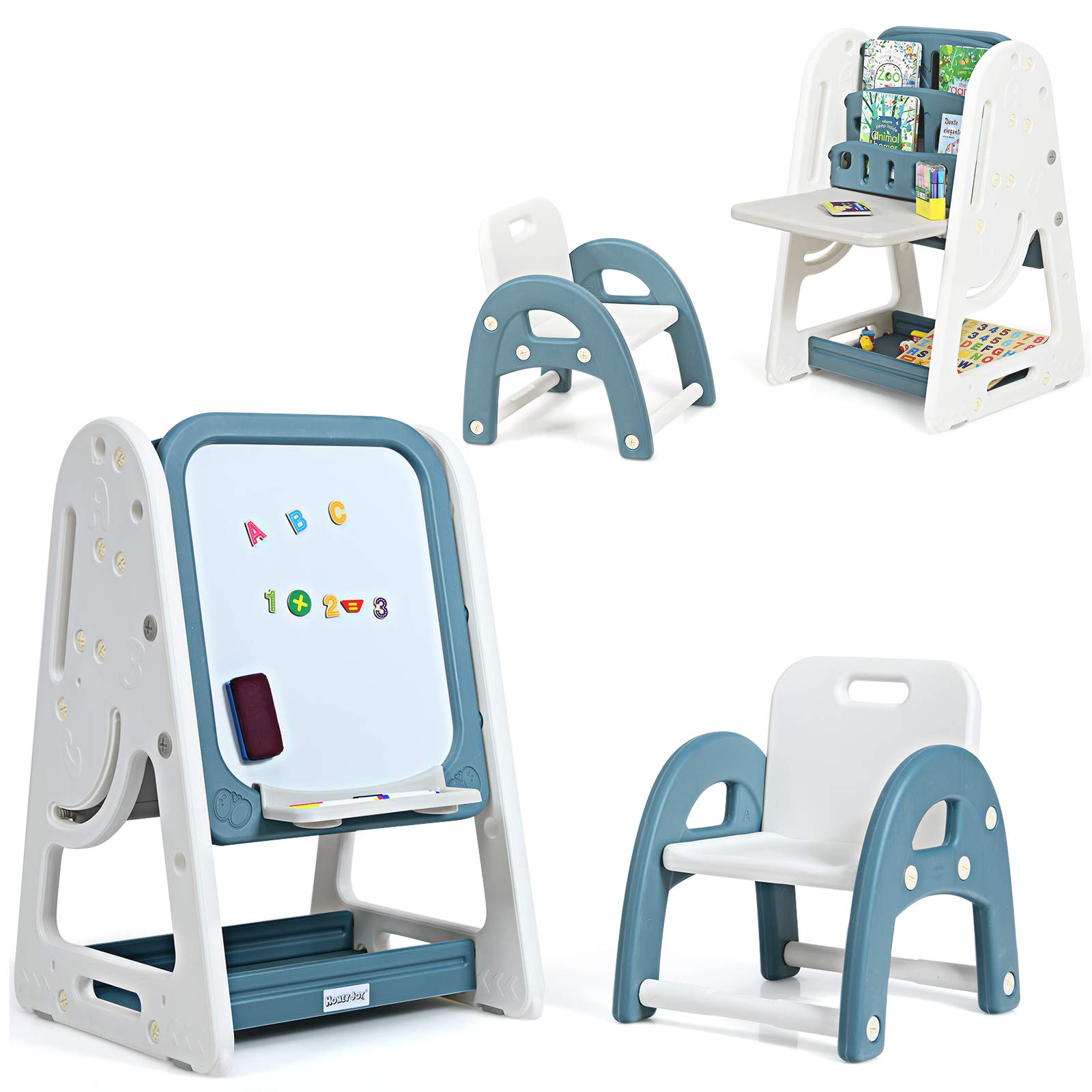LIFEZEAL Juego de mesa con caballete magnética y librería, mesa con pizarra blanca, escritorio infantil con tabla plegable de dibujo, caballete ajustable con silla ergonómica para niños 3 años+ (Azul)
