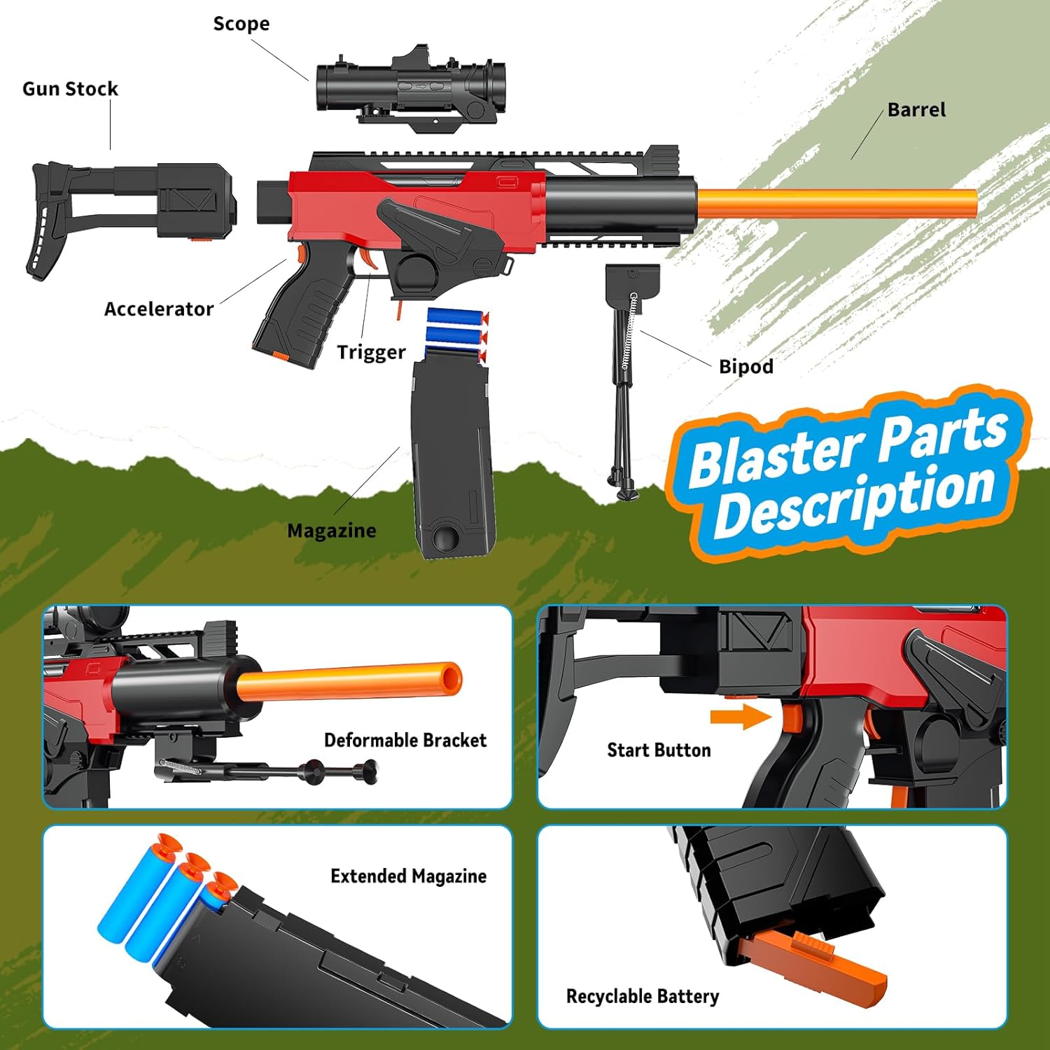 Toy Gun Automatic Sniper Rifle with Scope, Tactical Vest Kit, Toy Foam Blasters with 200 Soft Bullets, 2 Magazinine and Bipod, Electric Gun for Boys Age 8-12, Gifts for Birthday Christmas