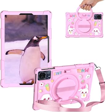 Silicone Kids Tablet Case 360 Rotating Stand/Handle/Shoulder Strap Stylus Pen Cute Cover Lightweight Compatible with DOOGEE T30S 11 Inch,SVITOO P11,Xiaomi Pad SE 11,Honor Pad X8 Pink