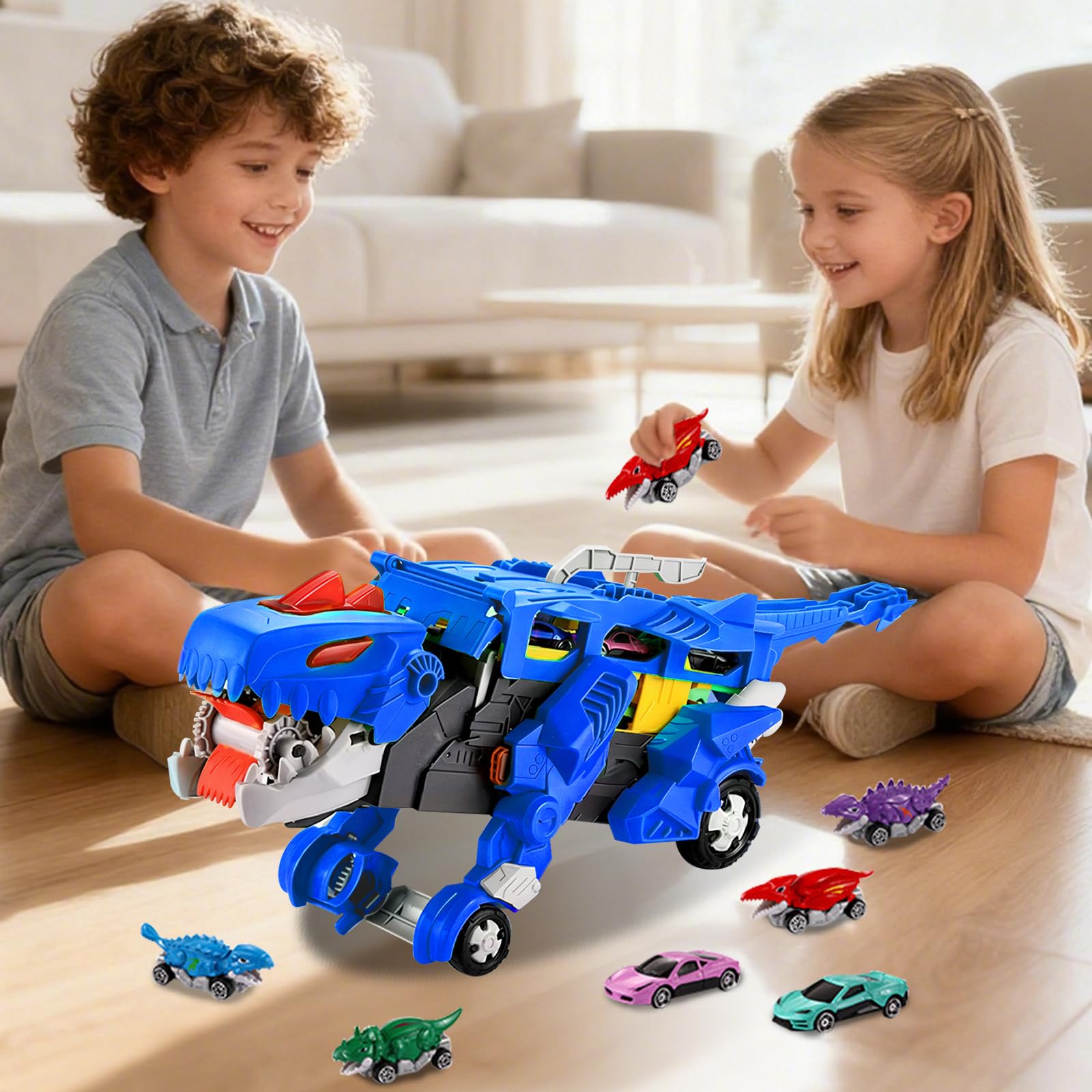 Camión de Transporte de Dinosaurios Coches de Juguete para niños con 12 Mini Coches, 3 en 1 Plegable portátil Pista de Carreras Coche de Juguete, para niños de 3, 4, 5, 6, 7, 8 Años