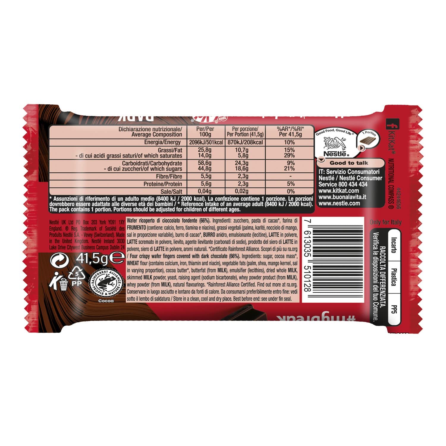 KITKAT Dark Wafer ricoperto di Cioccolato Fondente, 24 Snack da 41,5g (996g)