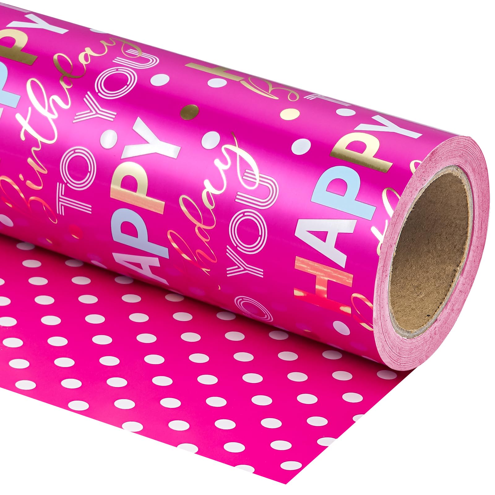 WRAPAHOLIC Papel de regalo de cumpleaños reversible jumbo, 30 pulgadas x 33 pies, papel de regalo de feliz cumpleaños rosa intenso y dorado para niñas, mujeres, niños, baby shower