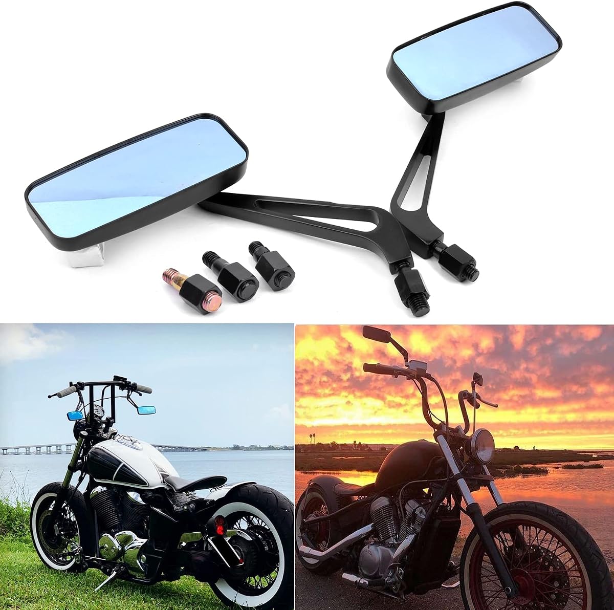 Espejos retrovisores laterales rectangulares negros de 8mm/10mm para motocicleta compatibles con Honda Grom Kawasaki Suzuki Yamaha Cruiser Chopper