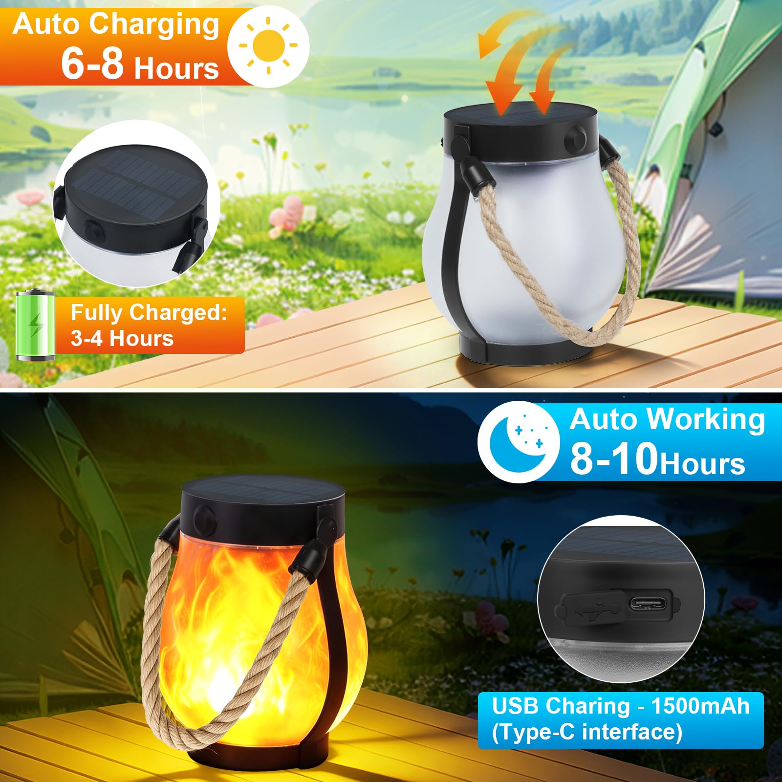 Faroles solares para exteriores, paquete de 2 con luces de llama ultra reales, carga dual (USB/solar), 2 modos y diseño impermeable al aire libre, luces decorativas para colgar/mesa para patio