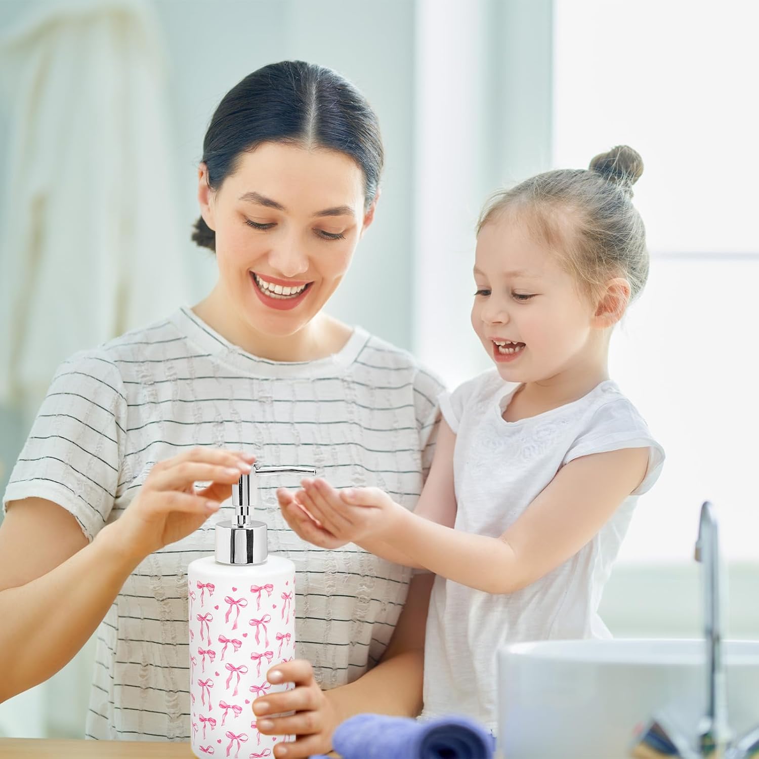 Pink Bow Soap Dispenser Refillable Soap Container Watercolor Bow Mini Heart Glass Soap Dispenser with Pump for Bathroom Kitchen Countertop Decor - Image 7