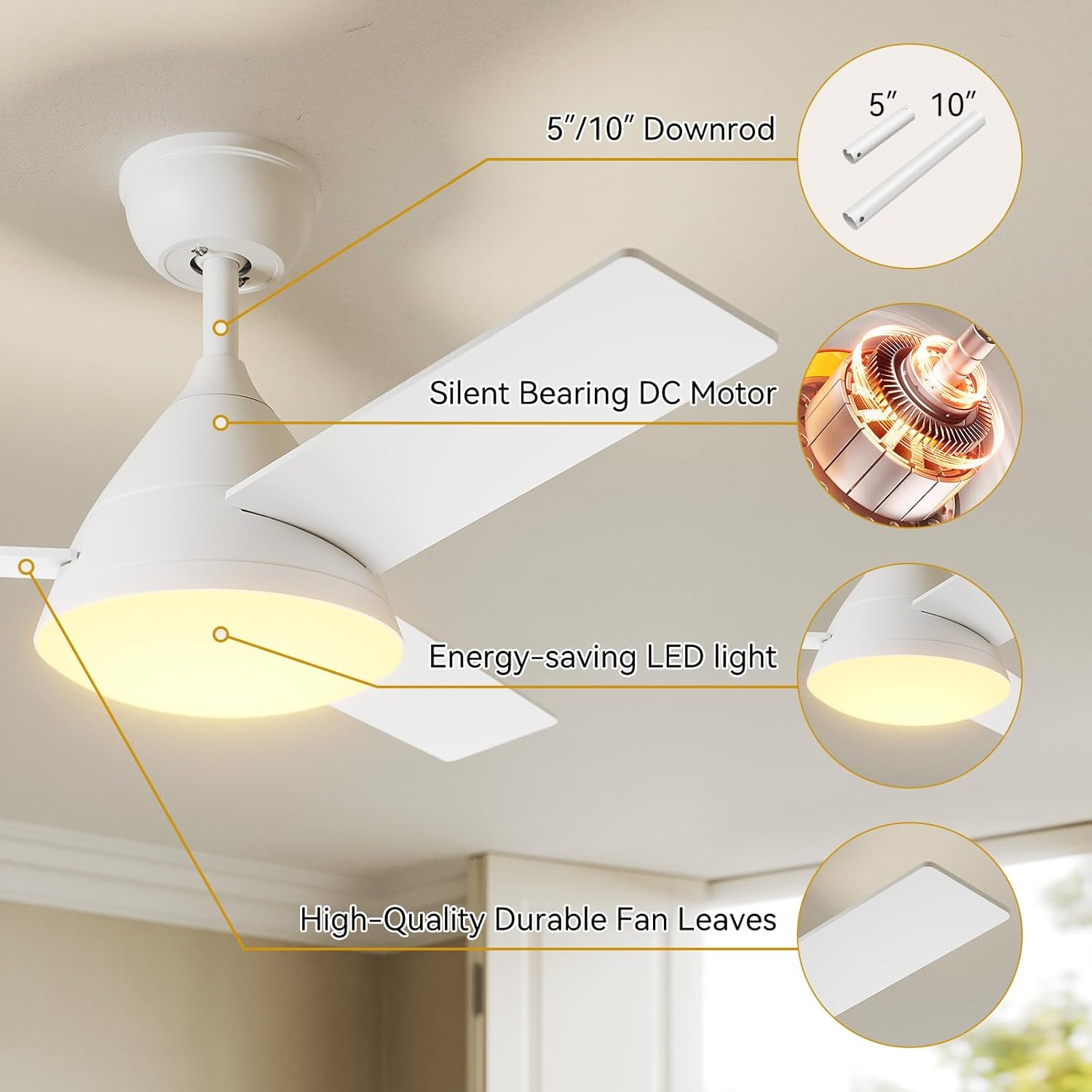 Ceiling Fans with 3CCT Dimmable LED Lights| 42 Inch Ceiling Fan with Quiet Reversible DC Motor| 6 Speed Wind Light Bulb Fan for Bedroom Living Room Kitchen Indoor Outdoor