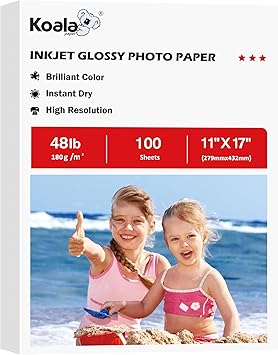 Koala Glossy Inkjet Photo Paper 11X17 Inches 48lb 100 Sheets Professional Glossy Photographic Paper Compatible with Inkjet Printer Use DYE INK 180GSM