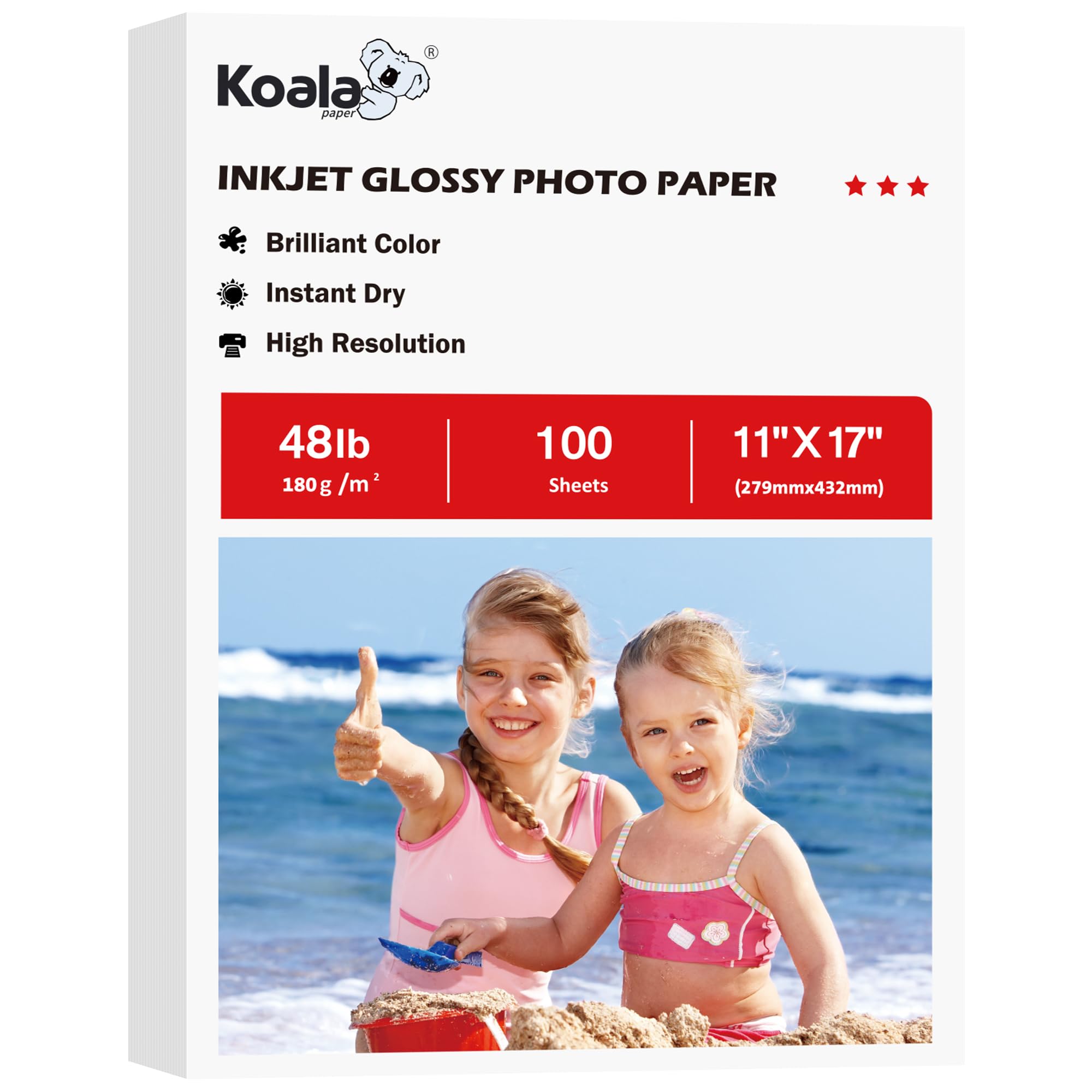 Koala Glossy Inkjet Photo Paper 11X17 Inches 48lb 100 Sheets Professional Glossy Photographic Paper Compatible with Inkjet Printer Use DYE INK 180GSM