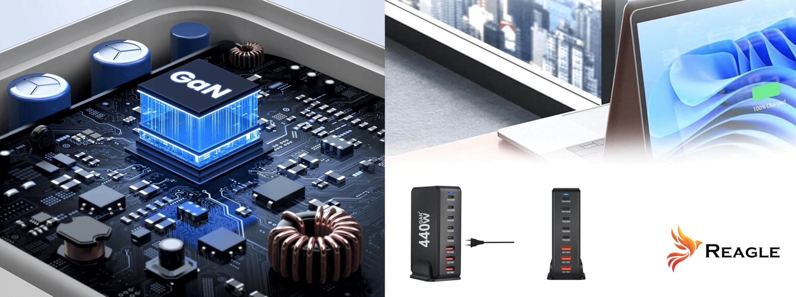 Cargador rápido 8 en 1 GaN III 440 W PD 5X USB C 3X QC 3.0 para iPhone