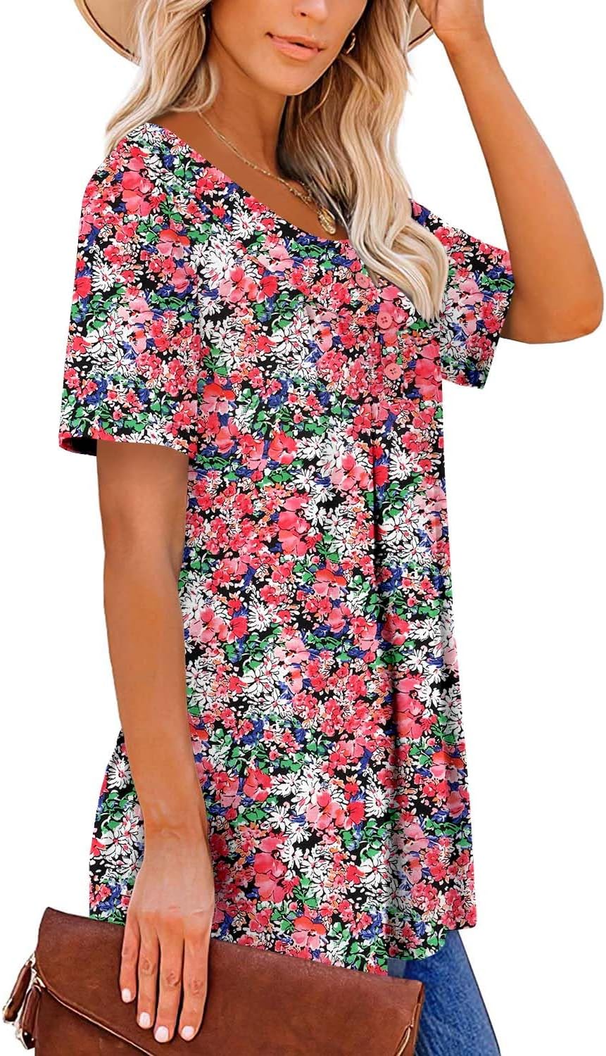 ROSELINLIN Women's Short Sleeve Shirts Floral Summer Tops Loose Fit for Leggings - Image 3