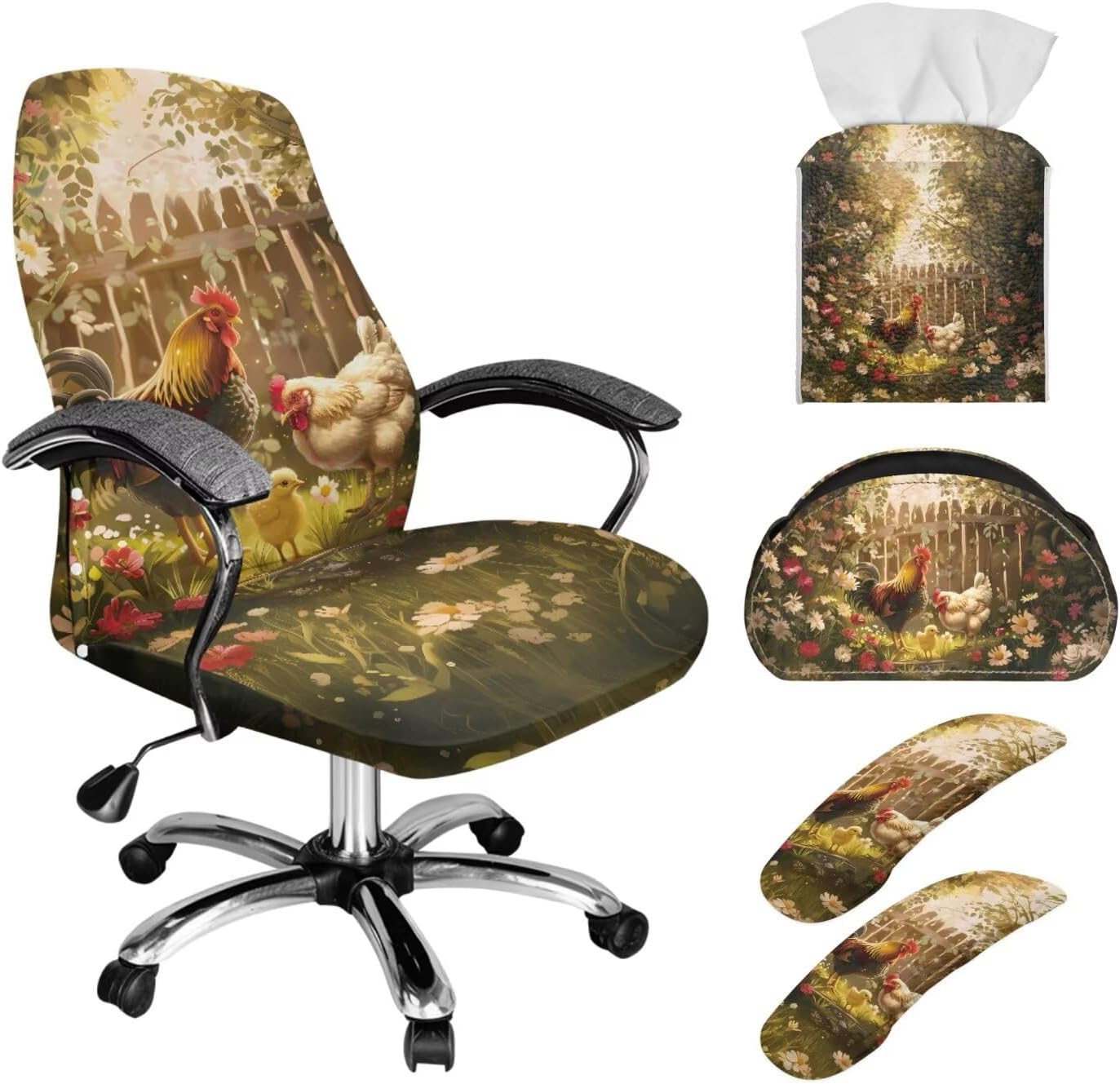 Retro Floral Rooster Chicken Print Armchair Slipcover with Stretch Armrest Covers Anti-Dust Office Chair Protector Square Tissue Box Cover Remote Control Holder, L