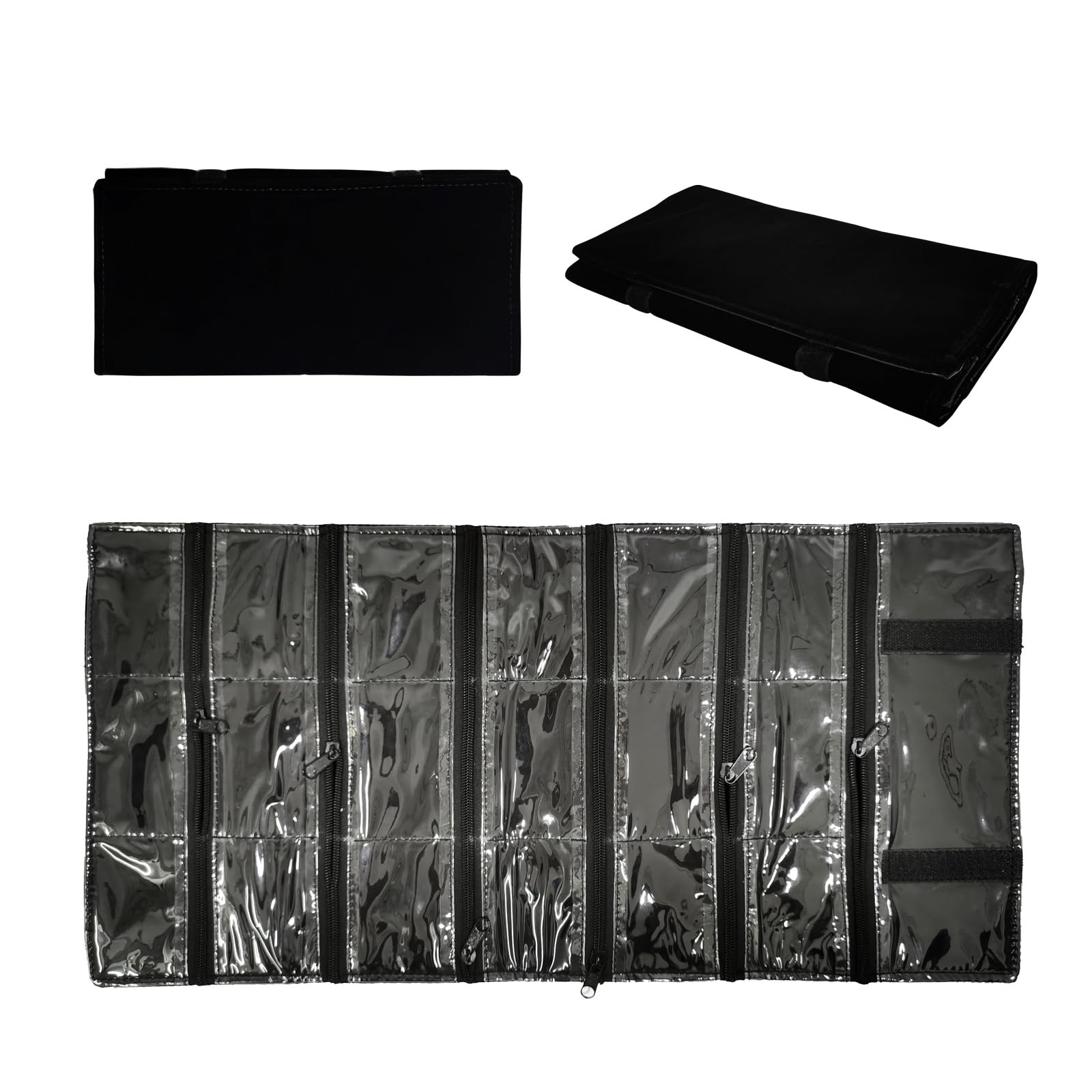 SCILHEFT Trousse à bijoux de voyage en velours pour collier, 9 grilles zippées, noir (18 compartiments)