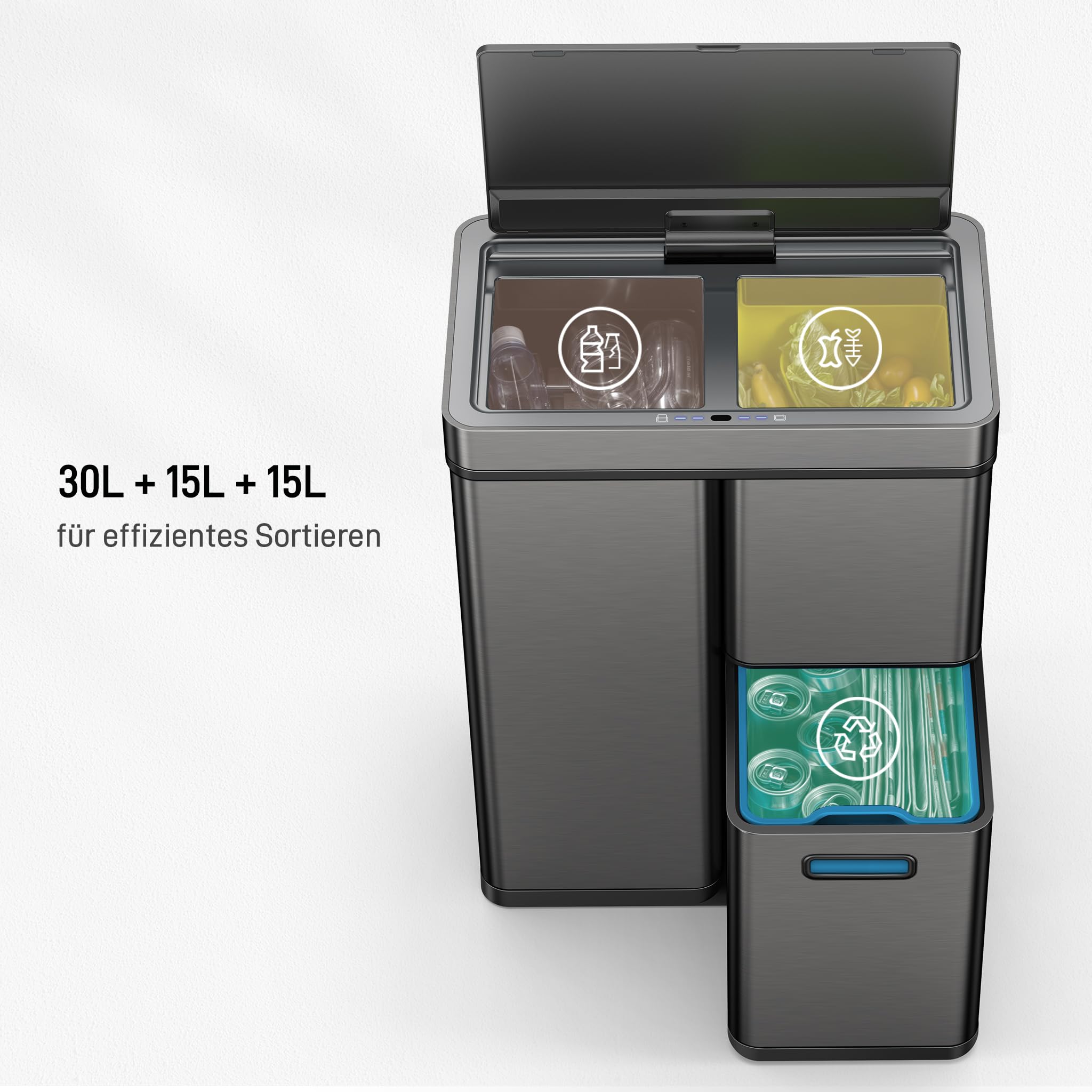 EKO Mirage Plus system segregacji śmieci z 3 przegródkami, 2 x 15 l i 30 l, kosz na śmieci z recyklingu, z czujnikiem, 3 pojemniki wewnętrzne z tworzywa sztucznego, automatyczny kosz na śmieci z