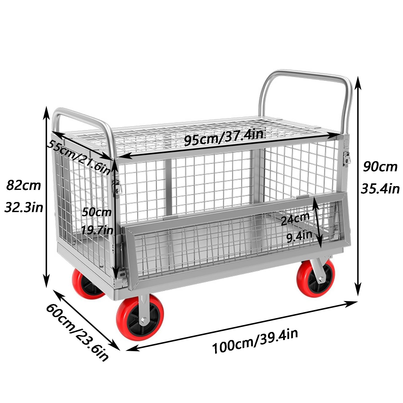 Wózki ręczne, Wózek platformowy 6 w 1 z klatką i kołami obrotowymi, odpowiedni dla szkół, firm, fabryk(Load capacity 300kg/660lbs)