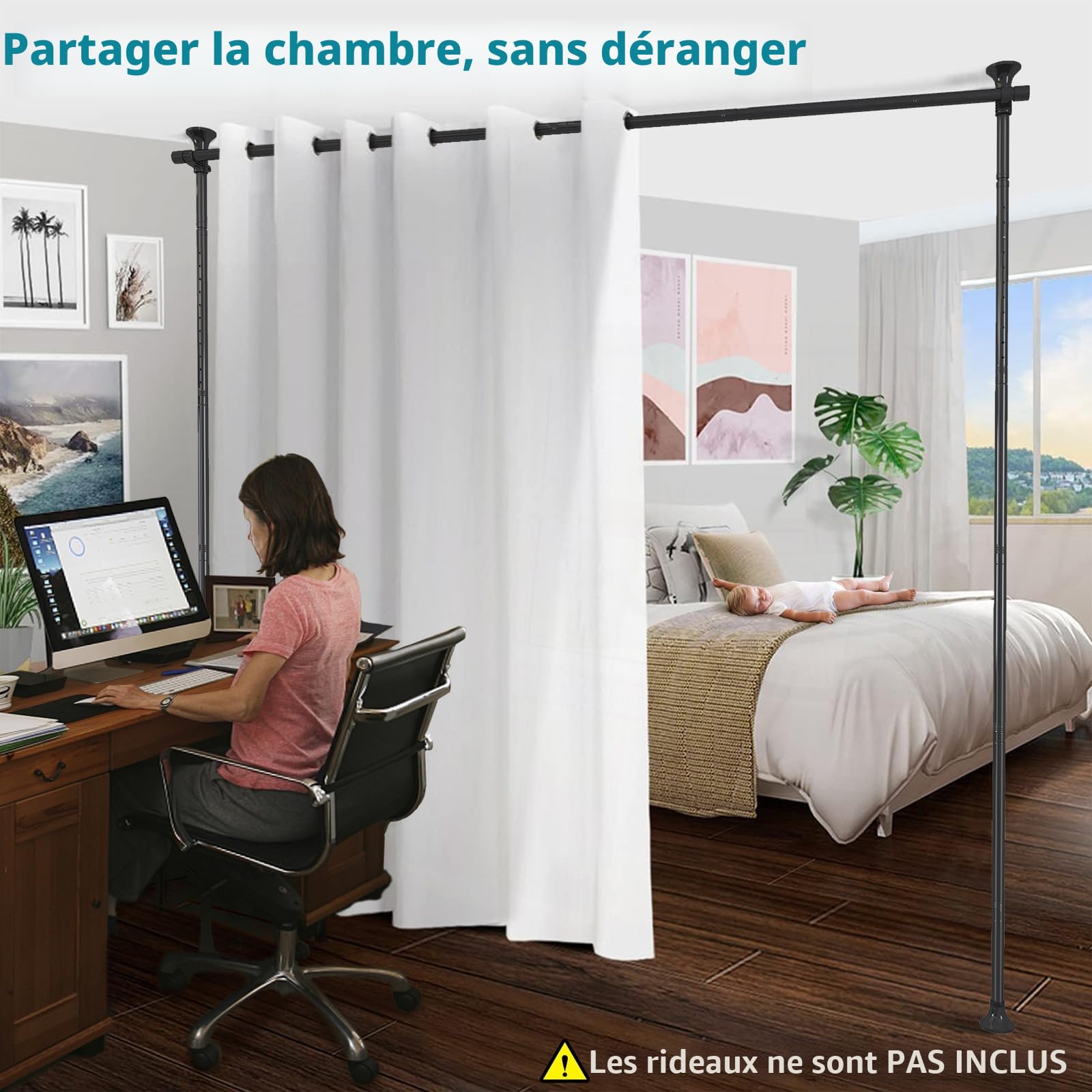 DEROFIT Séparateur de pièce, tringle à rideaux sans perçage autoportante réglable et robuste pour diviser les rideaux suspendus, 71,1 à 177,8 cm (l) 1,2 à 3 m (H)
