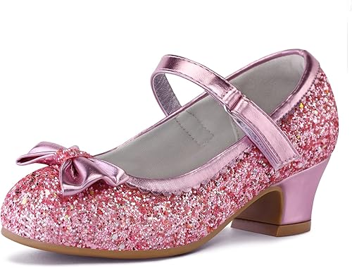 K KomForme Mary Jane - Zapatos de vestir para niña, con purpurina de 1.5 pulgadas, tacón bajo, para boda, fiesta, princesa, zapatos para niños