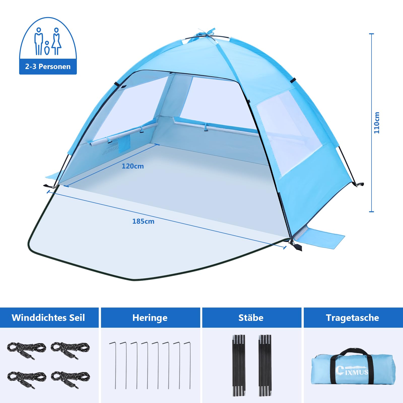 Strandmuschel für 1-3 Personen, Strandzelt mit UV-Schutz 50+ Windschutz, Stabiles Sonnenschutz Strand Zelt, Beach Tent with Carry Bag mit kleines Packmaß für Baby Kinder Familie Camping Garten Strand